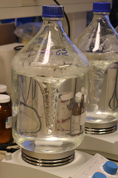 Væske med sporstof under omrøring i AU-Foulums laboratorie. Foto: Linda S. Sørensen